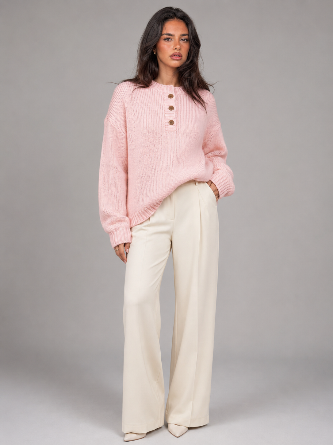 Damski Sweter Henley z Zapięciem na Guziki