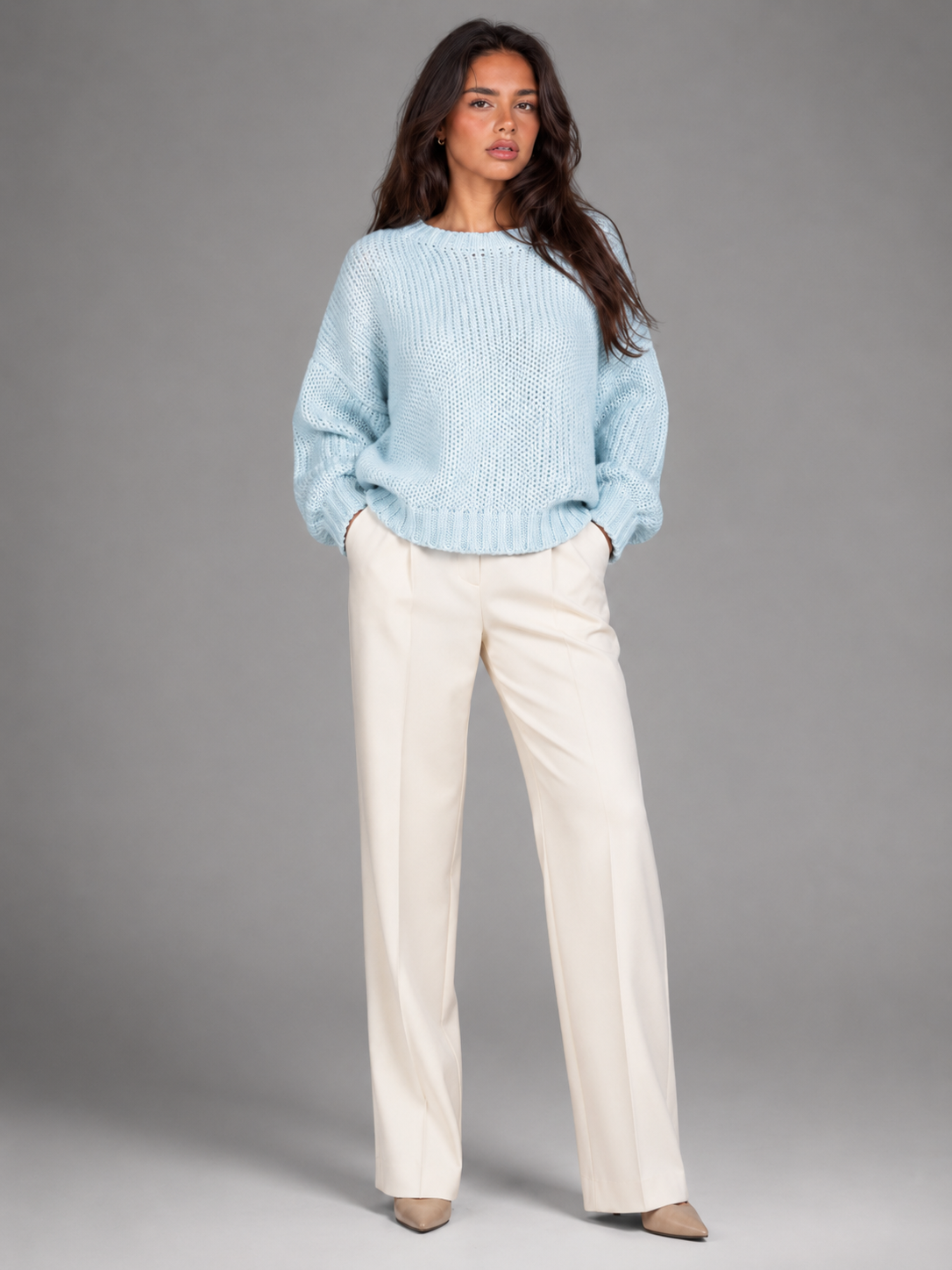 Damski Gruby Sweter Oversize z Okrągłym Dekoltem Różowy