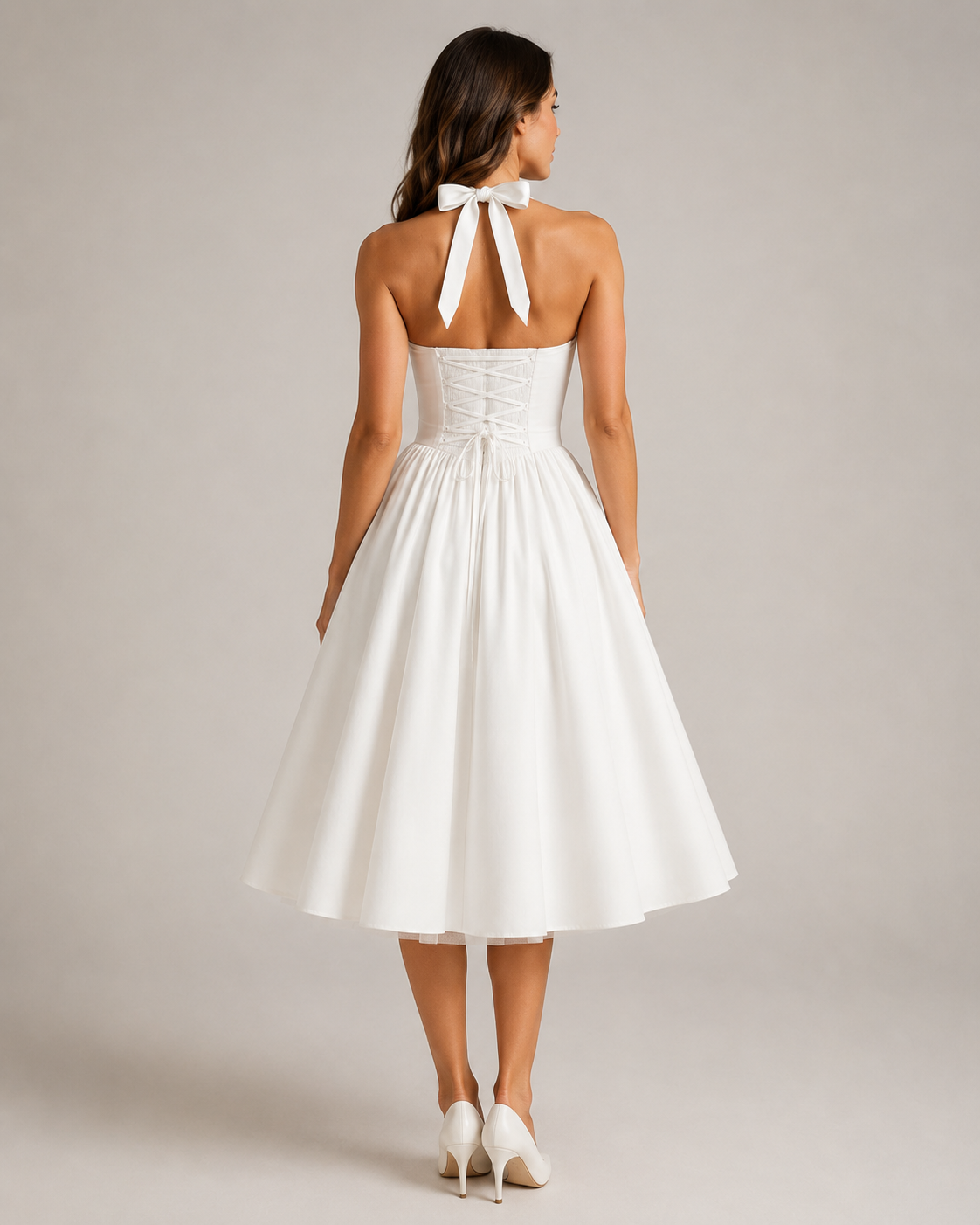 Sukienka Midi na Halter z Rozkloszowaną Spódnicą