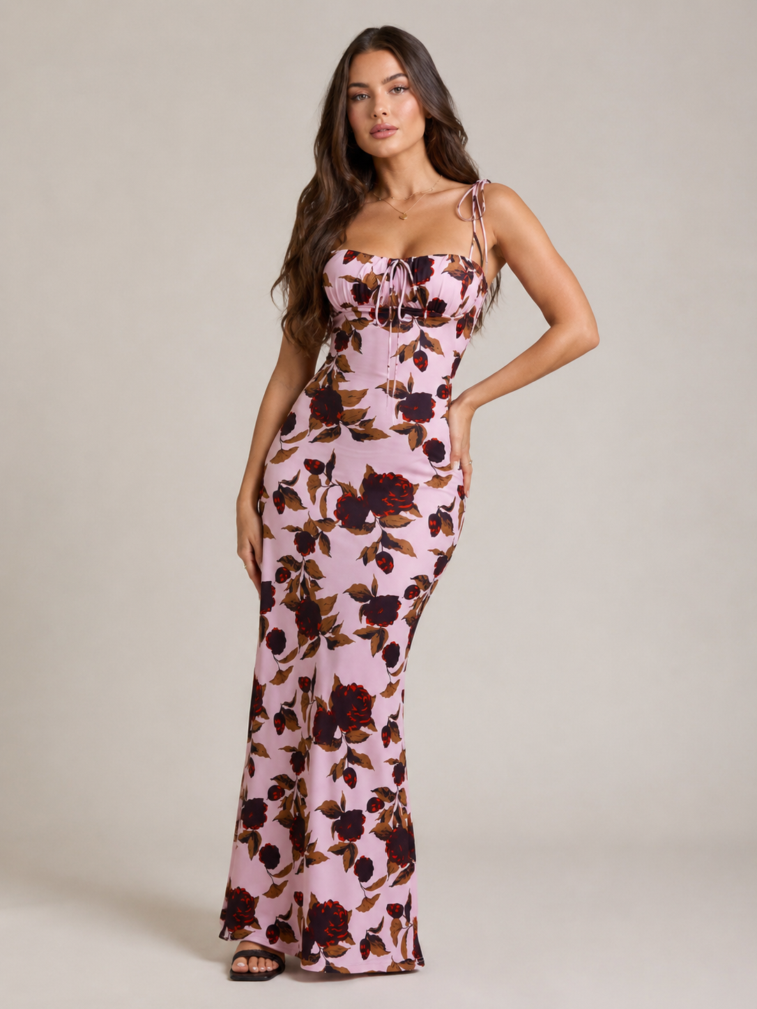 Niebieska Sukienka Maxi w Kwiaty z Detalami Kokardy