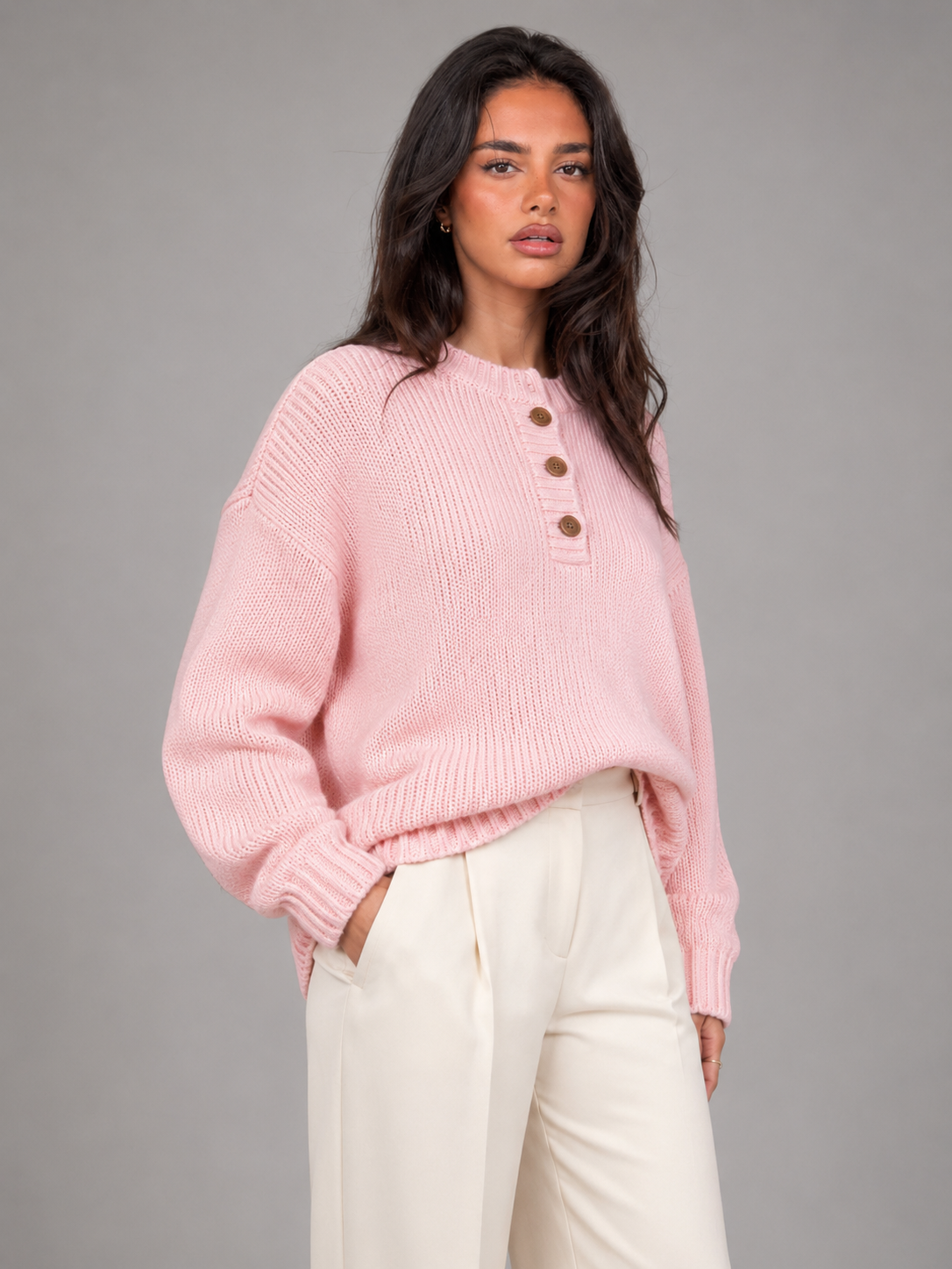 Damski Sweter Henley z Zapięciem na Guziki